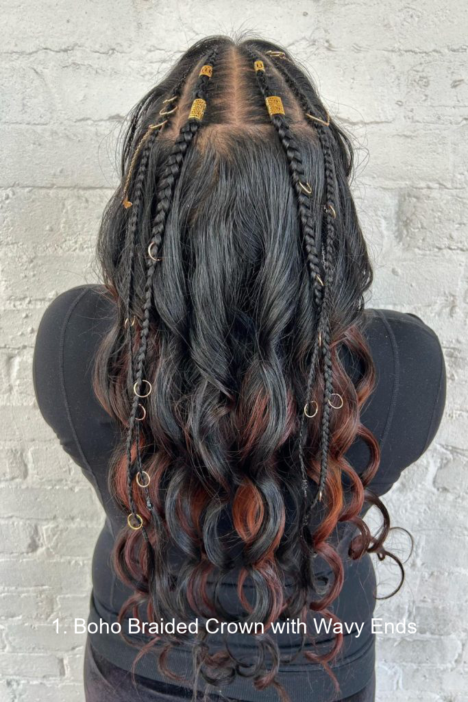 1. Boho Braided Crown with Wavy Ends