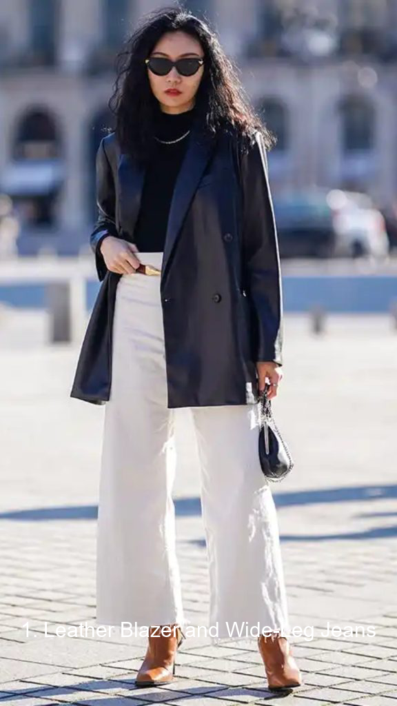 1. Leather Blazer and Wide-Leg Jeans