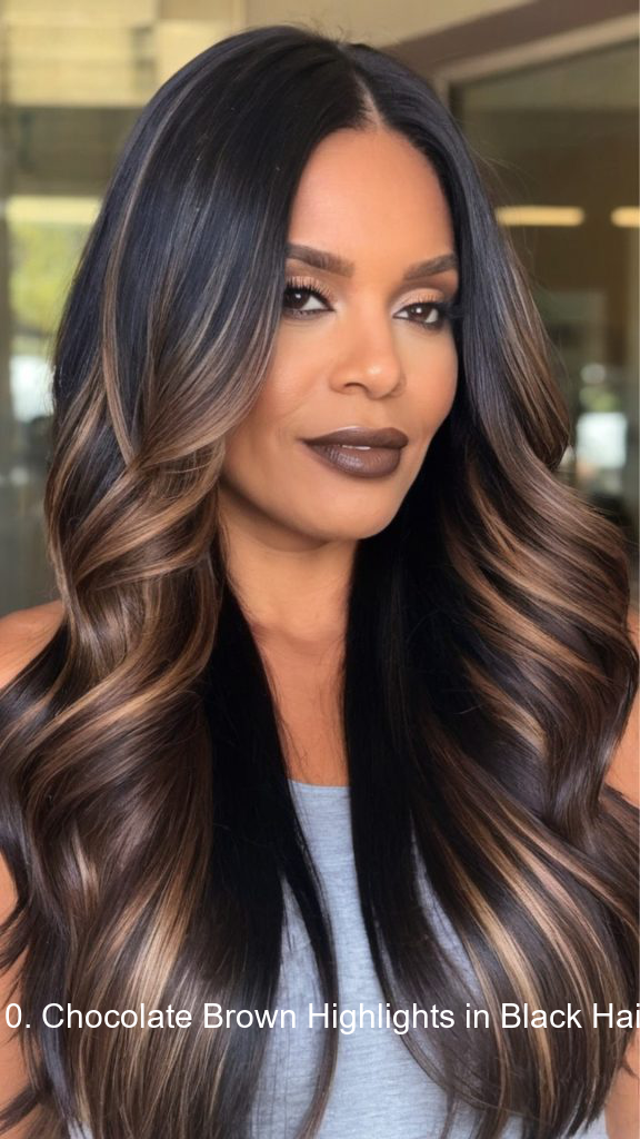 10. Chocolate Brown Highlights in Black Hair
