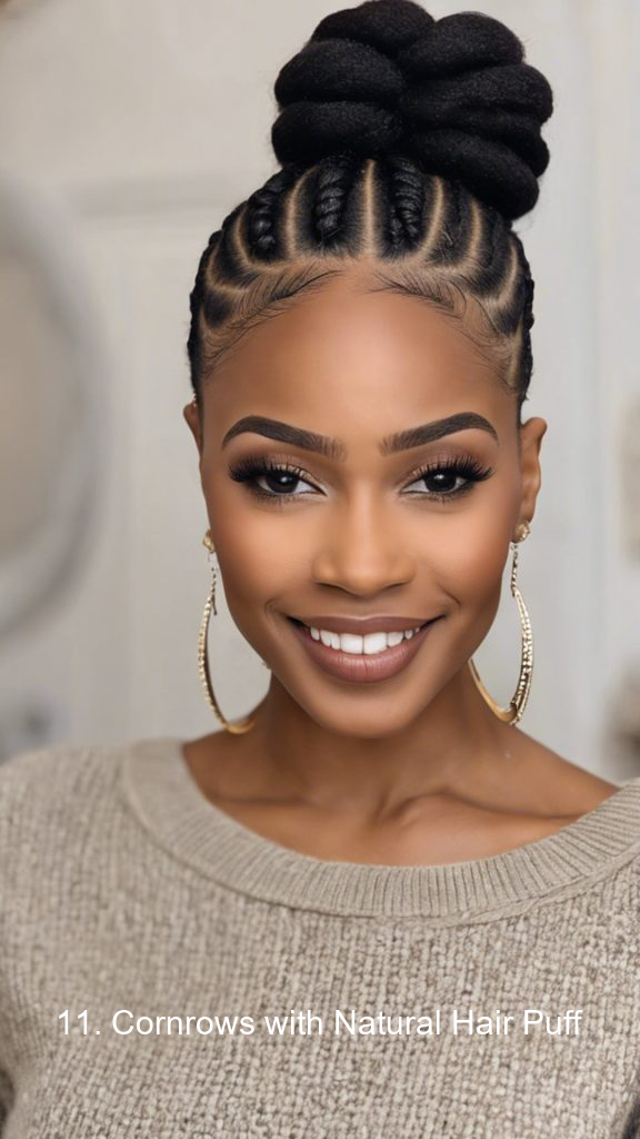 11. Cornrows with Natural Hair Puff