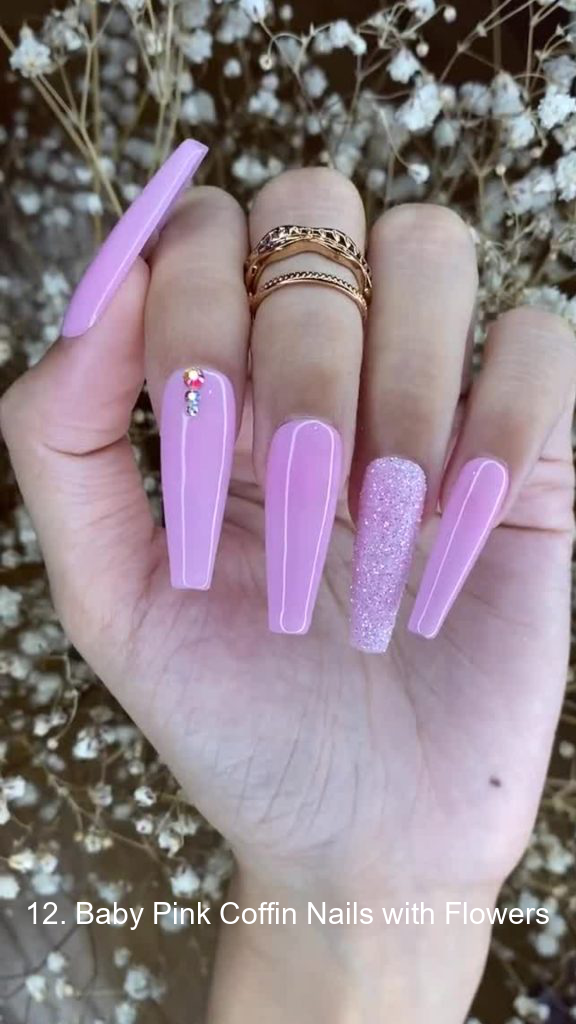12. Baby Pink Coffin Nails with Flowers
