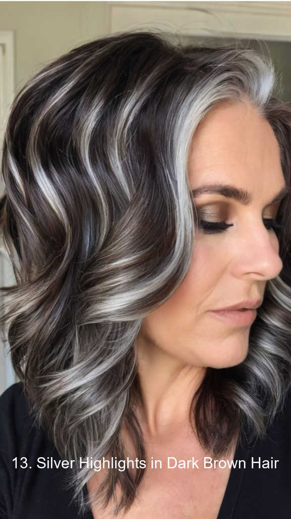 13. Silver Highlights in Dark Brown Hair