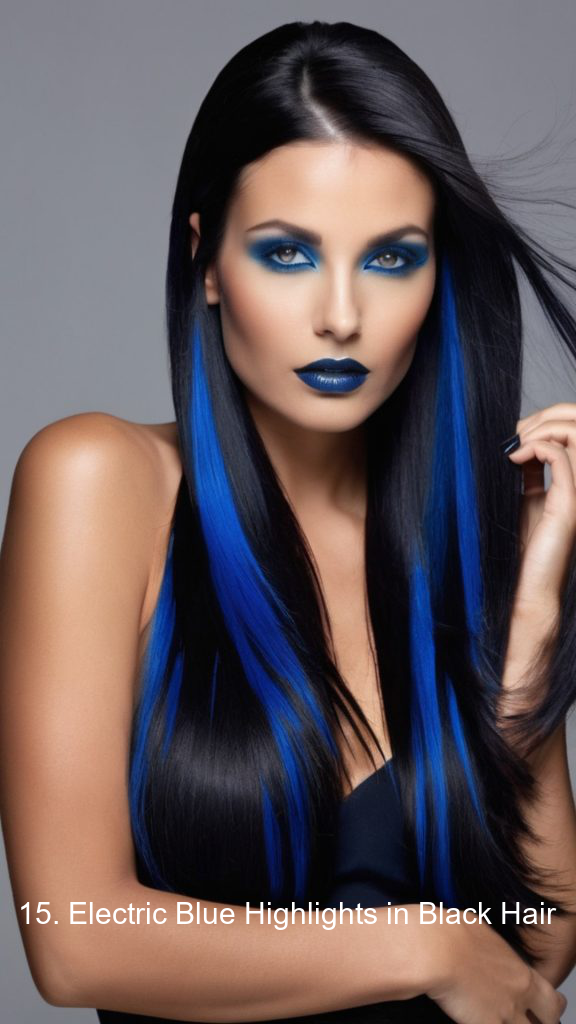 15. Electric Blue Highlights in Black Hair