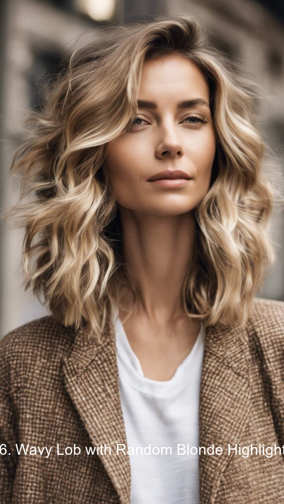 16. Wavy Lob with Random Blonde Highlights