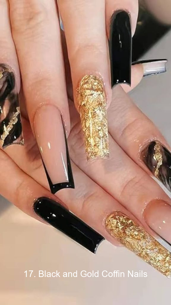 17. Black and Gold Coffin Nails