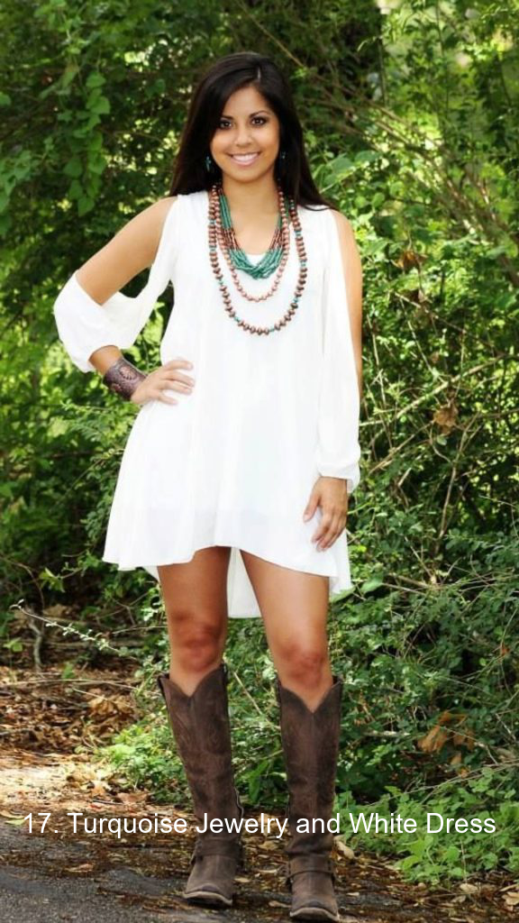17. Turquoise Jewelry and White Dress