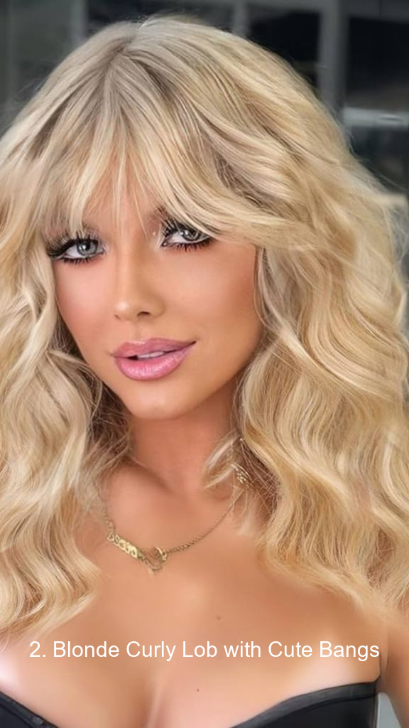 2. Blonde Curly Lob with Cute Bangs