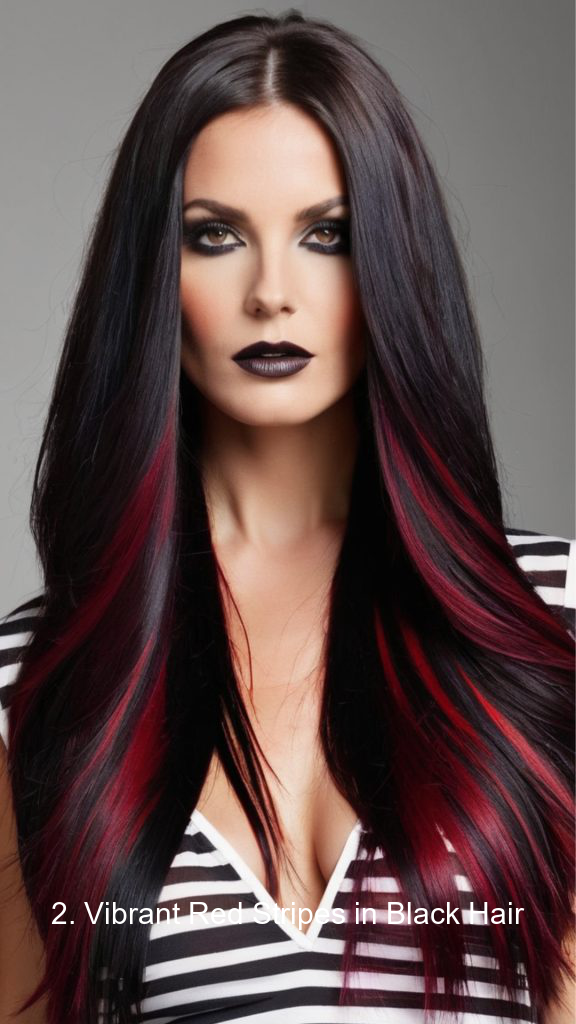 2. Vibrant Red Stripes in Black Hair