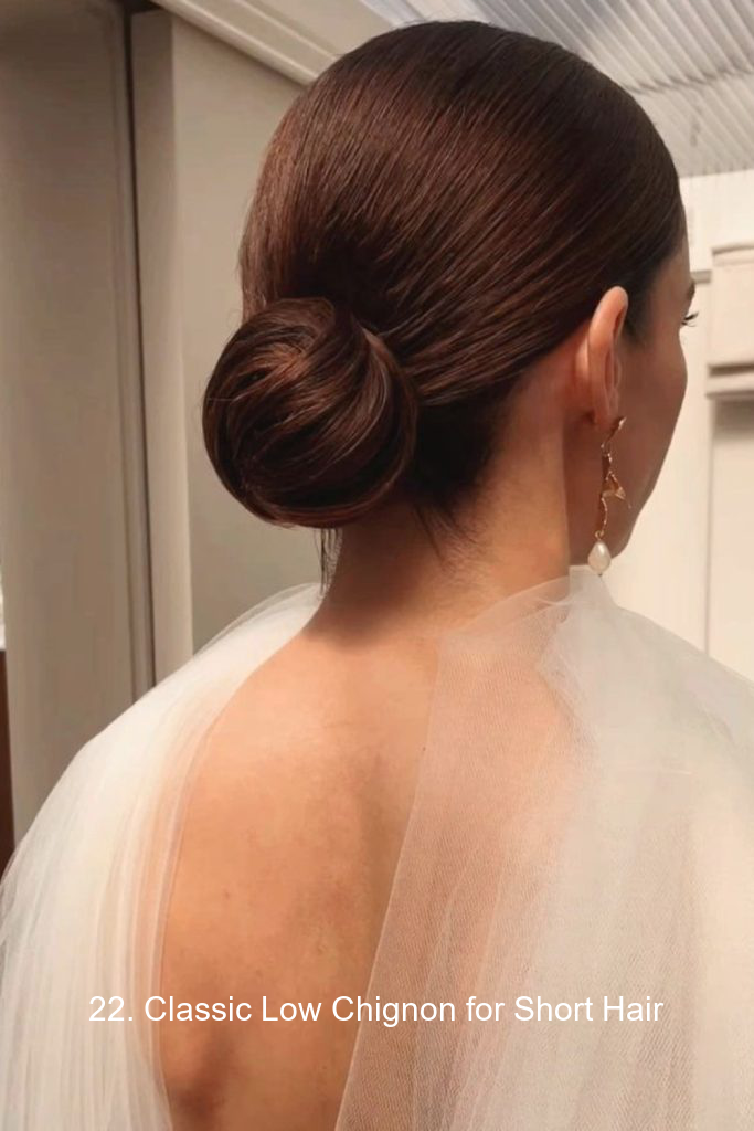 22. Classic Low Chignon for Short Hair