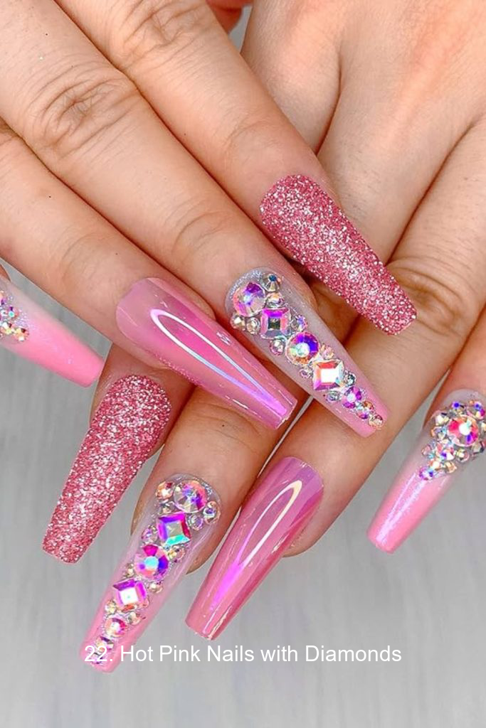 22. Hot Pink Nails with Diamonds