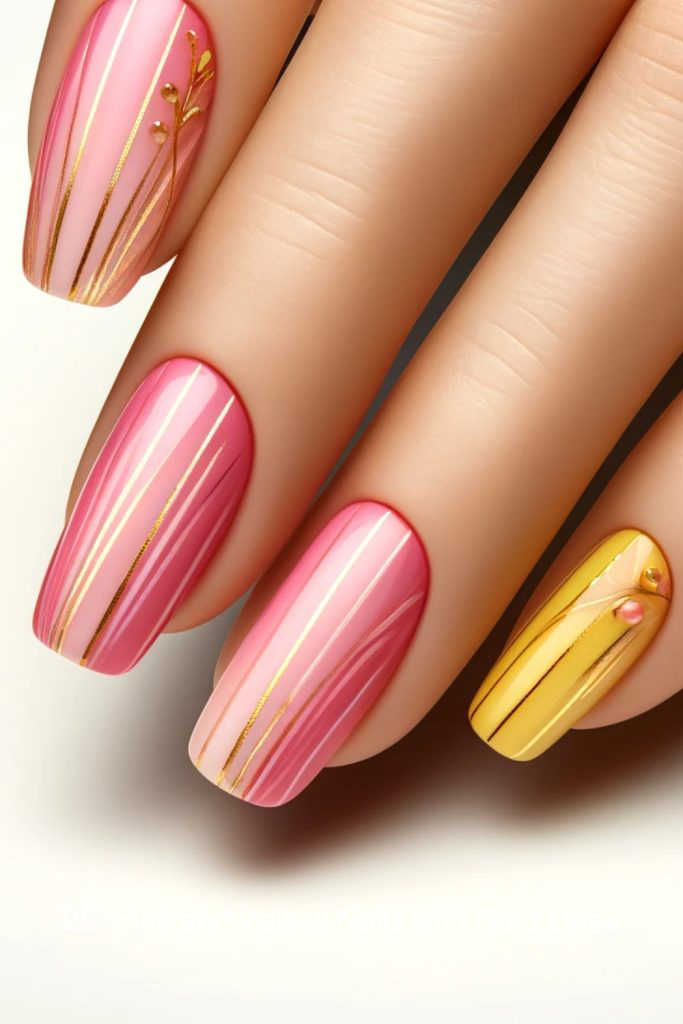 25. Pink and Yellow Nails with Gold Lines