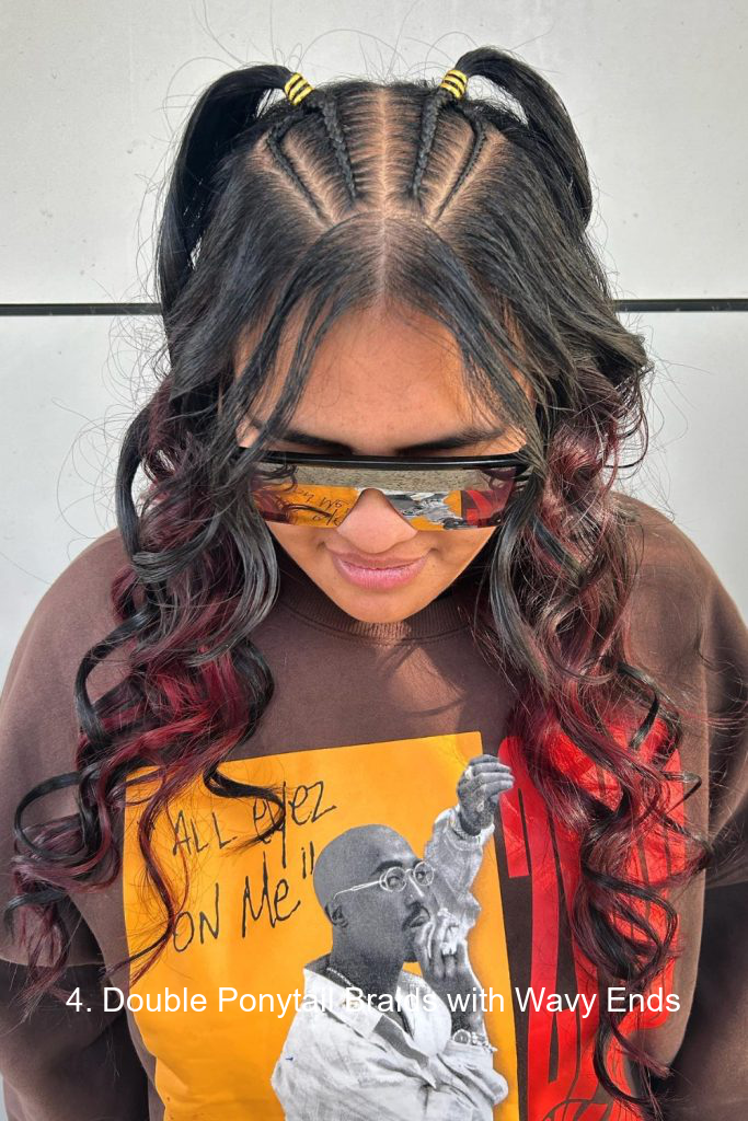 4. Double Ponytail Braids with Wavy Ends