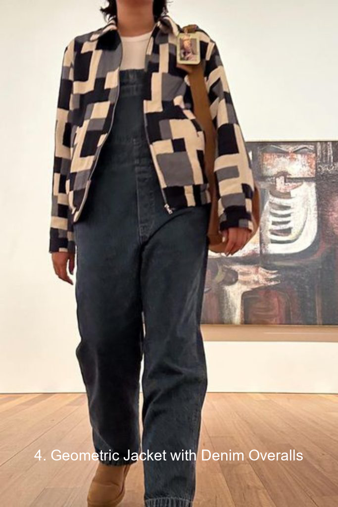 4. Geometric Jacket with Denim Overalls