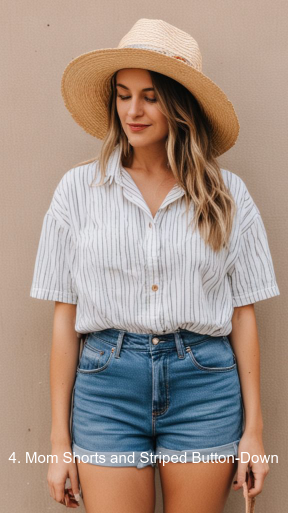 4. Mom Shorts and Striped Button-Down