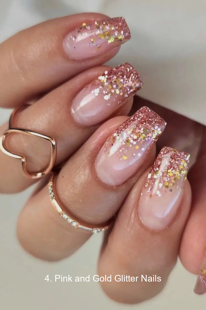 4. Pink and Gold Glitter Nails