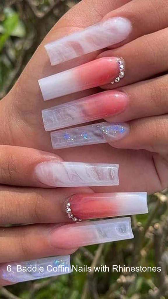 6. Baddie Coffin Nails with Rhinestones