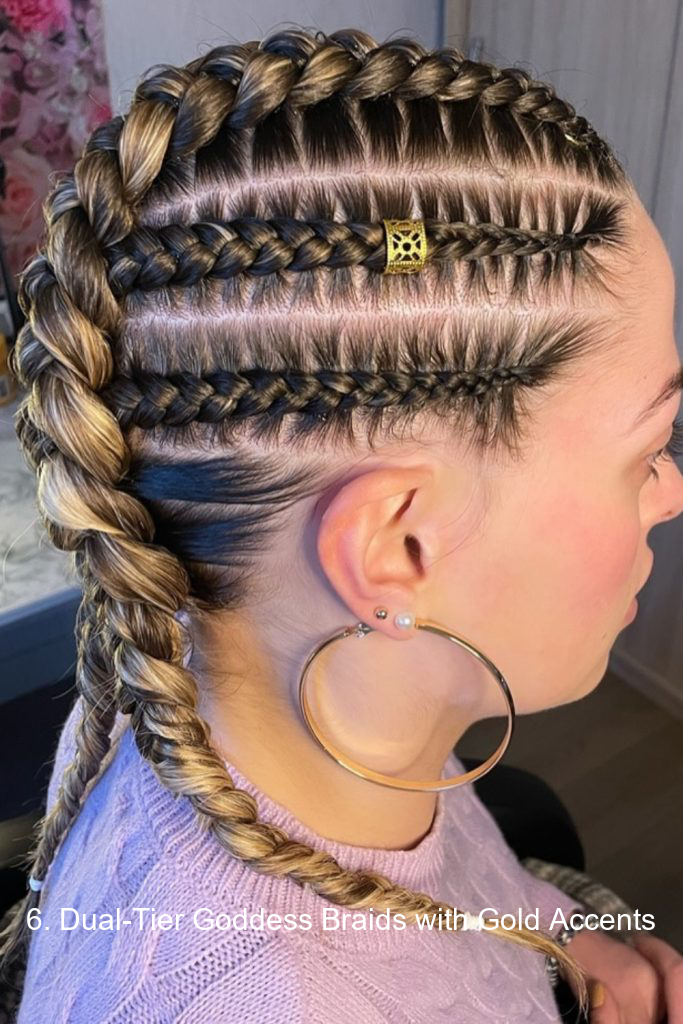6. Dual-Tier Goddess Braids with Gold Accents