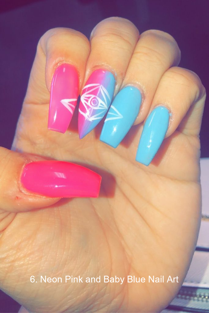6. Neon Pink and Baby Blue Nail Art