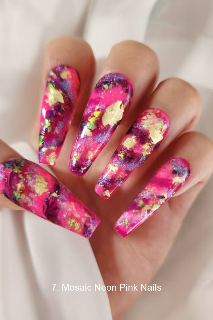 7. Mosaic Neon Pink Nails