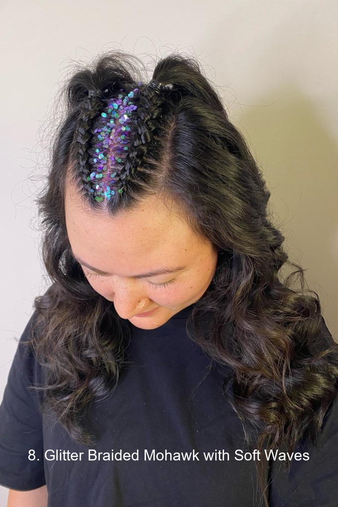 8. Glitter Braided Mohawk with Soft Waves