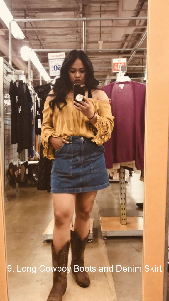 9. Long Cowboy Boots and Denim Skirt